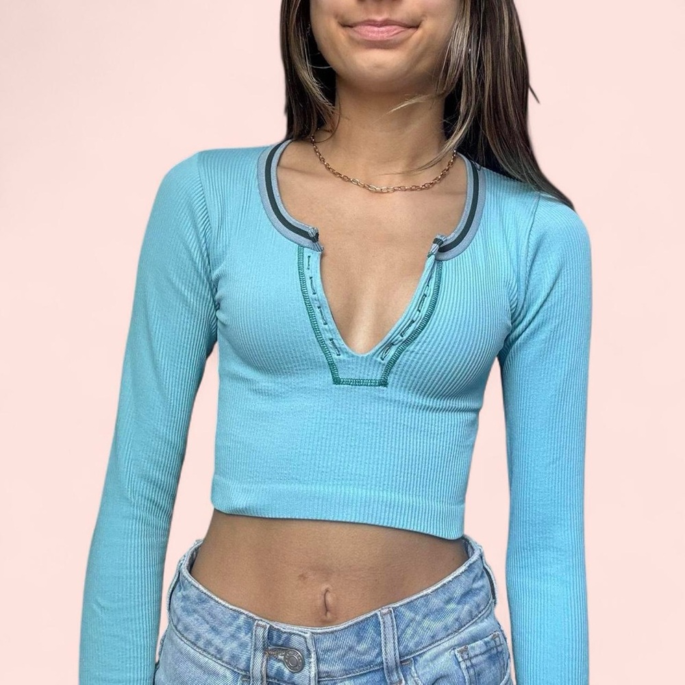 Urban Outfitters Blue Go For Gold Long Sleeve Crop Top
